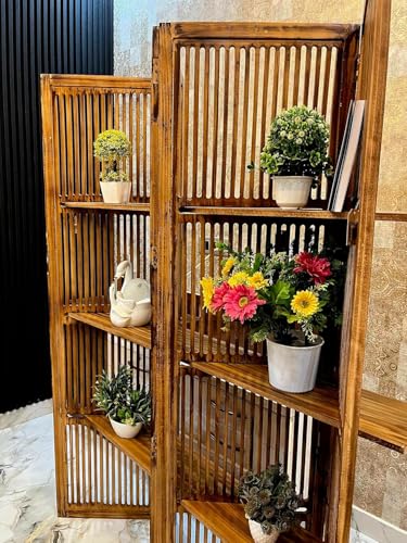 Image of Wooden Partition Divider for Living Room, Partition Wall, Privacy Divider, Freestanding Folding Panels for (6 Feet 4 Panel with Shelves Teak Brown)