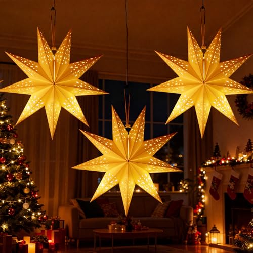 Mineup 45CM Stelle Di Carta 3D Luminose, 3PCS Stelle Di Carta Da Appendere, Stella Di Natale Luminosa LED, Stella Di Natal Di Cart Da Appendere Per Natale, Matrimoni, Compleanni, Feste