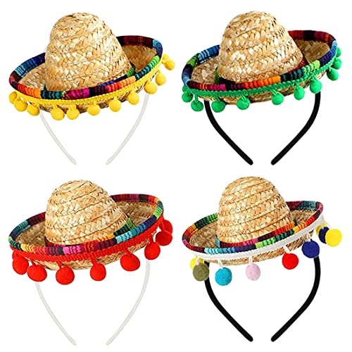 4 mini sombreros mexicanos, disfraz de fiesta del Cinco de Mayo, diademas de sombrero de paja, mini sombrero de paja divertido, para fiesta, carnaval, verano, fiesta temática mexicana (amarillo claro)