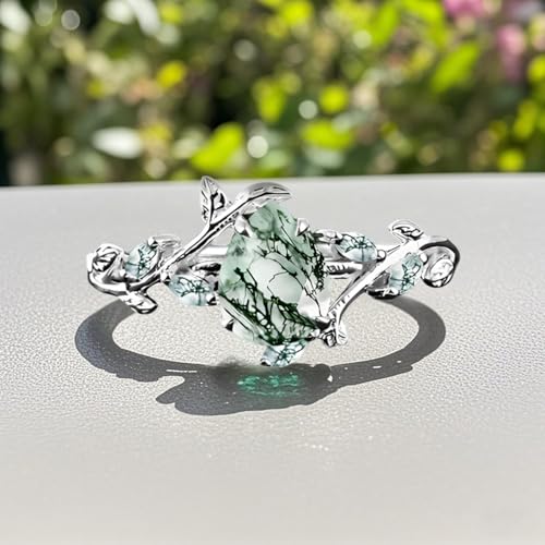 2 Carats Women Moss Agate Teardrop Ring Sterling Silver Natural Moss Agate with Leaf for Women Engagement Ring Wedding Promise Jewelry3