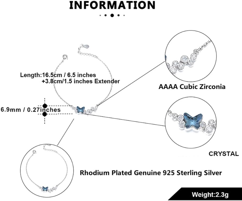 Ginger Lyne Collection Butterfly Chain Bracelet for Women Blue Element Crystal Sterling Silver Adjustable Length up to 8 Inch Party Valentine or Wedding Jewelry - Image 6
