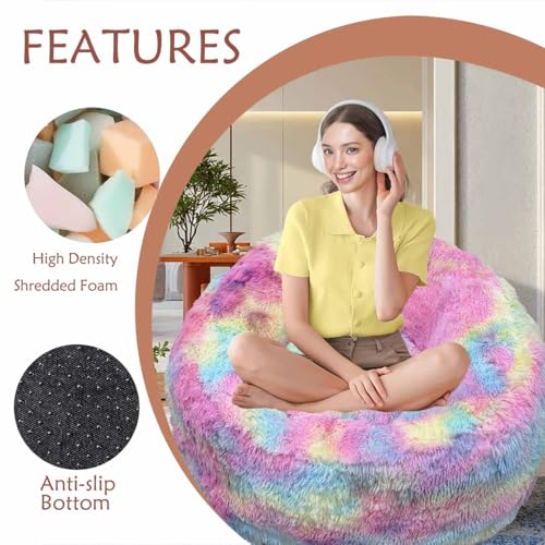 Image of Plush Faux Fur Bean Bag Chairs, Memory Foam Filled Sofa Chair Shape Bean Bag for Adults /Teens /Kids, Ultra-Soft Lazy Sofa for Living Room Bedroom College Dorm, Rainbow