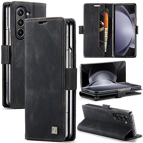 EYZUTAK Wallet Case for Samsung Galaxy Z Fold 5, Retro Matte Premium Protective Leather Case 2 Card Cash Slot with RFID Blocking Viewing Stand Magnetic Closure TPU Shell Flip Cover - Black
