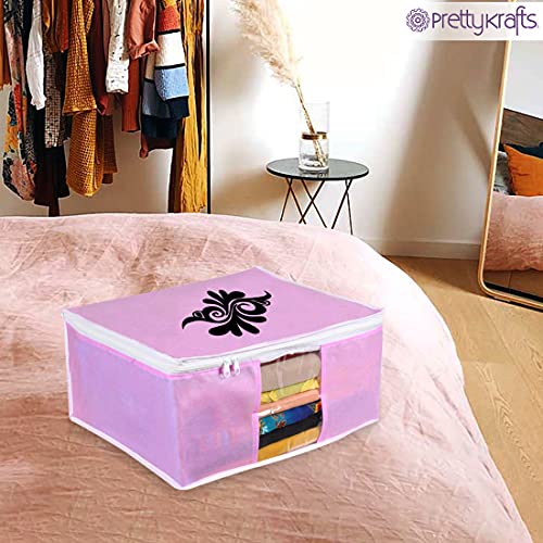Image of PrettyKrafts Large Saree Cover With Creative Prints, Wardrobe Organiser, Clothes Cover & Storage, Zip Closure and Transparent Window | Clothes Storage Bag | Set of 12, Pink | Size: 40 x 35 x 20 cm
