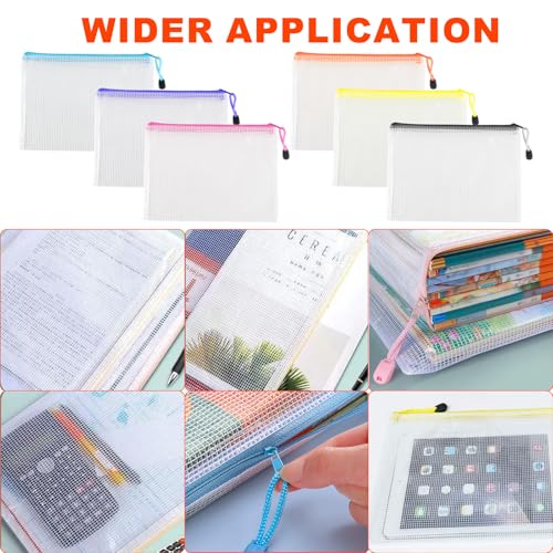 12 Pcs A4 A5 Plastic Zip Wallets, Document Folders, Mesh Zipper Bags, Waterproof Zip Plastic Wallets, Zip Lock Bags for Travel Home Office Supplies Craft Projects(6 Colors) - Image 6