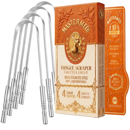 MasterMedi Tongue Cleaner Tongue Scraper Surgical Grade Stainless Steel Tongue Brush Dental Kit Professional Eliminate Bad Breath With Non-synthetic Grip (Family Pack (4 pcs)