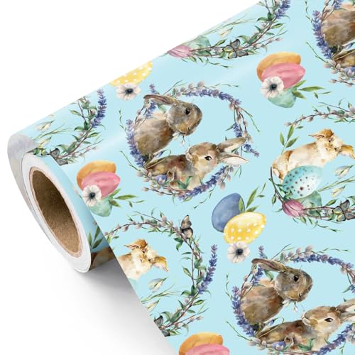 WRAPAHOLIC Easter Wrapping Paper Roll - 17 Inch x 16.5 Feet - Bunny Wrapping Paper with Egg & Floral Wreath Design, Perfect for Spring, Baby Shower, Girls Birthday