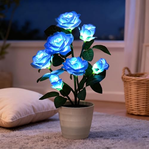 Image of Artificial Blue Rose Flower Lamp LED Lights, Flower Table Lamp for Bedroom Bar Coffee Shop Wedding Valentines Mothers Day Birthday Christmas - Unique Gifts for Women Her Girlfriend Wife Mom
