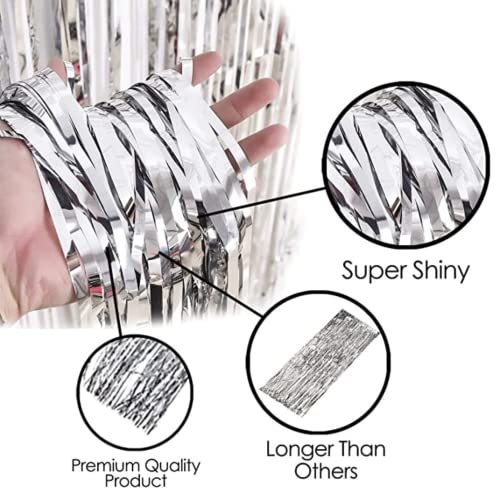 Image of 3 ft X 6 ft Metallic Silver Foil Curtain for Birthday Decorations /Anniversary (2 pc Silver Metallic Foil Fringe Curtain)