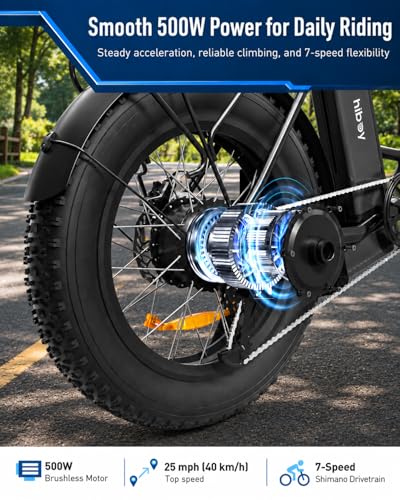 Hiboy EX6 Electric Bike for Adults with 500W Power Motor, 25mph Speed | 48V Removable Battery | 20" Electric Bicycle | Shimano 7-Speed | Front Suspension | Includes Phone Mount | Glossy Black - Image 2