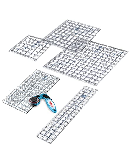 TrueCut Quilting Ruler & Rotary Cutter Bundle | 5 Quilting Rulers | 45mm My Comfort Rotary Cutter | 6.5x12.5 3x18 6.5x6.5 9.5x9.5 12.5x12.5 Rulers