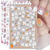 IDDFEVE Easter Nail Art Stickers - Pink Bunny Flowers Self-Adhesive 3D Rabbits Nail Decals for DIY Spring Holiday Floral Carrot Manicure (4 Sheets)