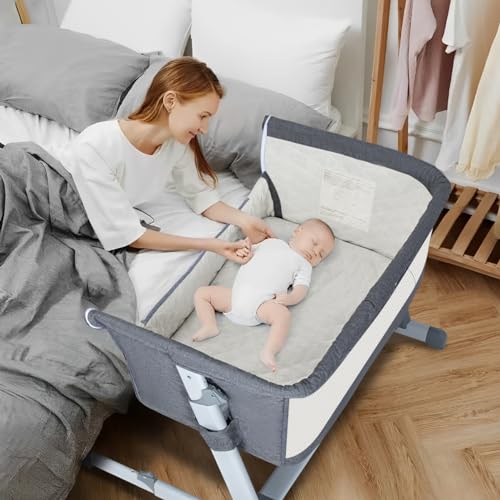 Image of PEARLOVE Upgraded 3 in 1 Baby Bassinet Bedside Sleeper, Bedside Crib with 6 Adjustable Height, Soft Mattress & Wheels, Portable Easy to Assemble Bassinet, Baby Cribs for Infant Newborn