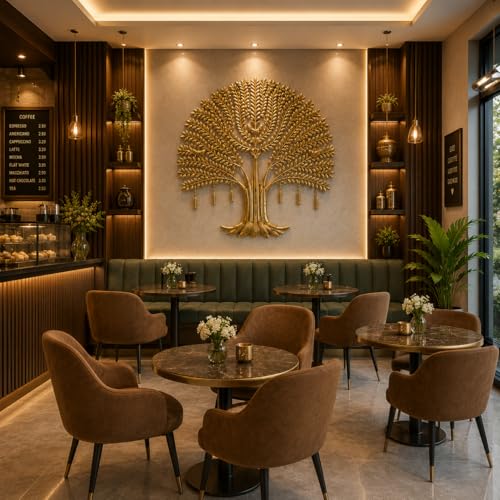 Image of Bharat Art IRON CUCUMBER LED TREE Metal Wall Decor | Luxury Golden Tree Wall Art with LED Light | Modern Iron Wall Hanging for Living Room Bedroom Hall Office Home Decoration | 48x3x48 | CW391