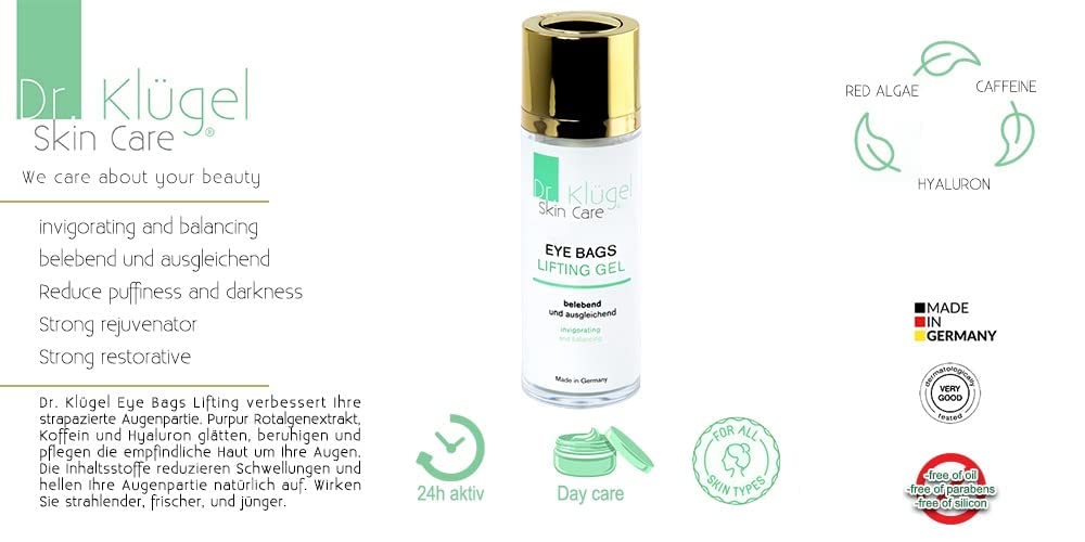 Dr. Klügel Eye Bags Lifting Gel, 30ml enthält Rotalgen, Koffein und Hyaluron, belebend und ausgleichend, reduziert Schwellungen und Dunkelheit, reichhaltiges Augengel zur Hautstraffung & Tränensäcke | Enthält Rotalgen, Koffein und Hyaluron, Belebend und a