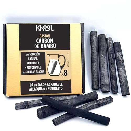KHOOL | 8 Bastones Gruesos de carbón Activado de bambú | Purificador de Agua Natural | Ø 2–3 cm | 1 bastón = 1,5 L | para Botella, Jarra purificadora de Agua y Filtro Agua Grifo