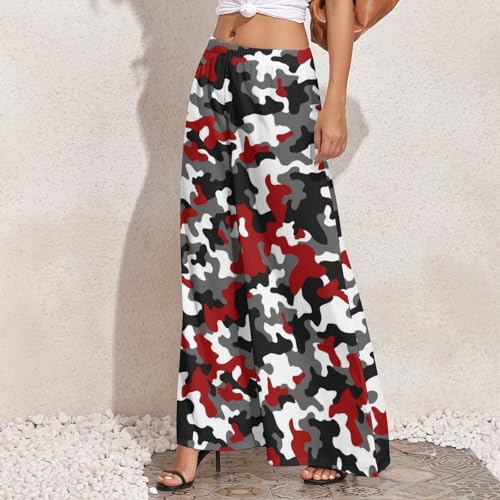 Red Grey White Camouflage Palazzo Pants for Women, Soft Womens Wide Leg Baggy Pants, Comfy Lounge Pants for Women2