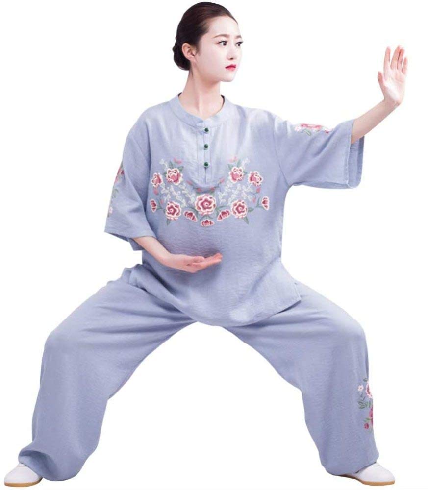 Tai Chi garnitur odzież damska bawełna i len lato Tai Chi odzież treningowa len odzież do sztuk walki, niebieska-S
