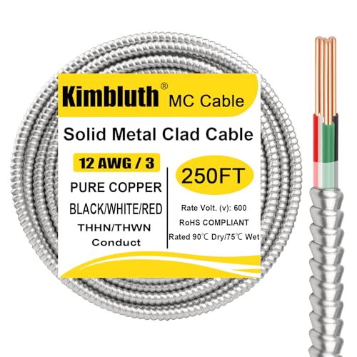 12/3 Metal Clad (MC) Cable with Ground 250ft 12 Gauge Electric Wire with Aluminum Armor Solid Bare Copper Conductors for Indoor Outdoor Underground Embedded Installation (12/3 250 FT)