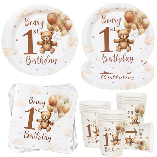 OMZSXK Vaisselle de fête pour 16 invités - Assiettes de décoration pour 1er anniversaire - Ours en peluche - Assiettes en carton - Gobelets en carton - Décorations de fête - 1er anniversaire garçon