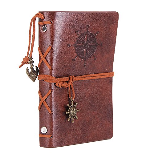 EvZ Vintage Leather Journal - 5" Refillable Coffee Brown Notebook with Anchor & Rudder Pendants - Small Spiral Blank Diary for Travel, Writing & Art - Classic Embossed Nautical Sketchbook