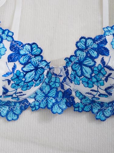 Image of Sexy Floral Embroidered Flower Mesh Underwire Push Up Lingerie Set