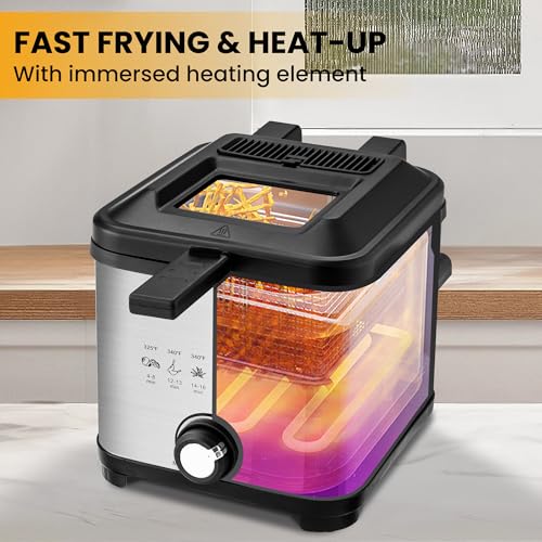 Image of SUSTEAS 1.5 Liter /1.35QT Electric Deep Fryer, 900W, Timer Control, Adjustable Temperature, Lid with Viewing Window and Removable Frying Basket, Stainless Steel, Perfect for Kitchen, French Frie