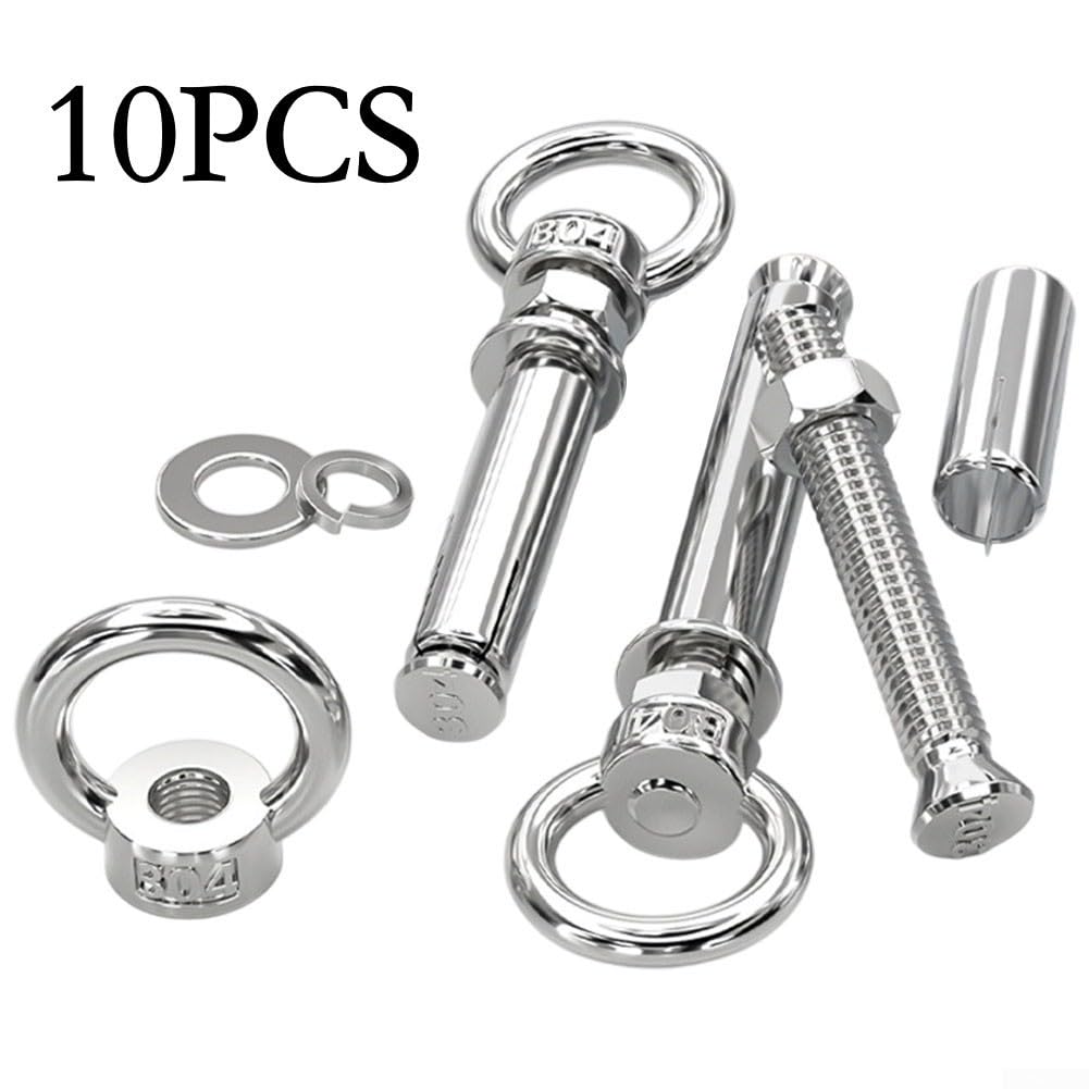 10 pernos de expansión de acero inoxidable 304 con anillos, anclajes de pared, tornillos de ojo para hormigón, mampostería, ladrillo, kit de suspensión resistente, plateado, 50 mm a 150 mm de longitud