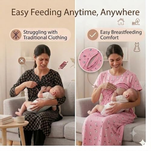 Image of Zero Clothing Feeding Dress for New Moms Casual Loungewear Ankle Length | Cotton Maternity Nighty | Zipless Feeding Dresses for Women | Pregnancy & Nursing Wear
