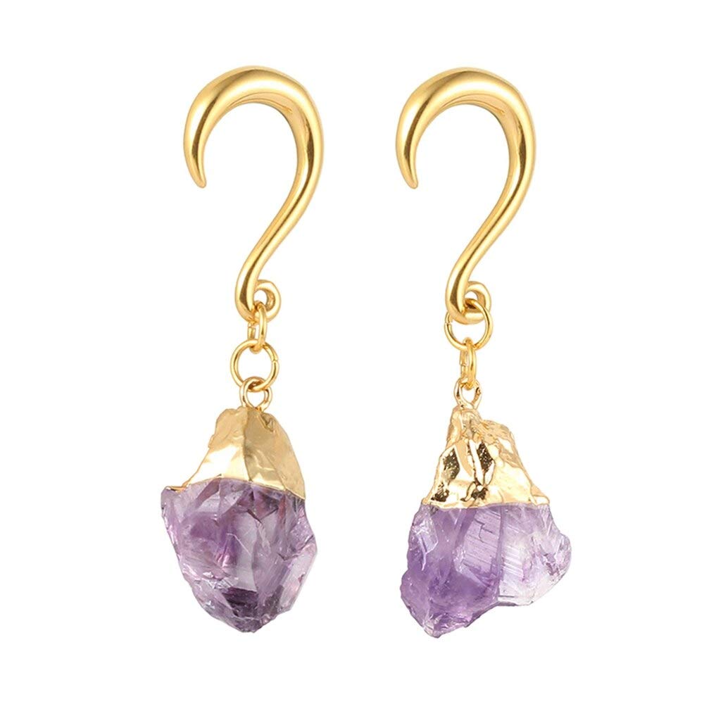 Lademayh Dangle Plugs Irregular Precious Amethyst Gauges for Ears Weight Hook Stainless Steel Gold Gauge Women Piercing Expander