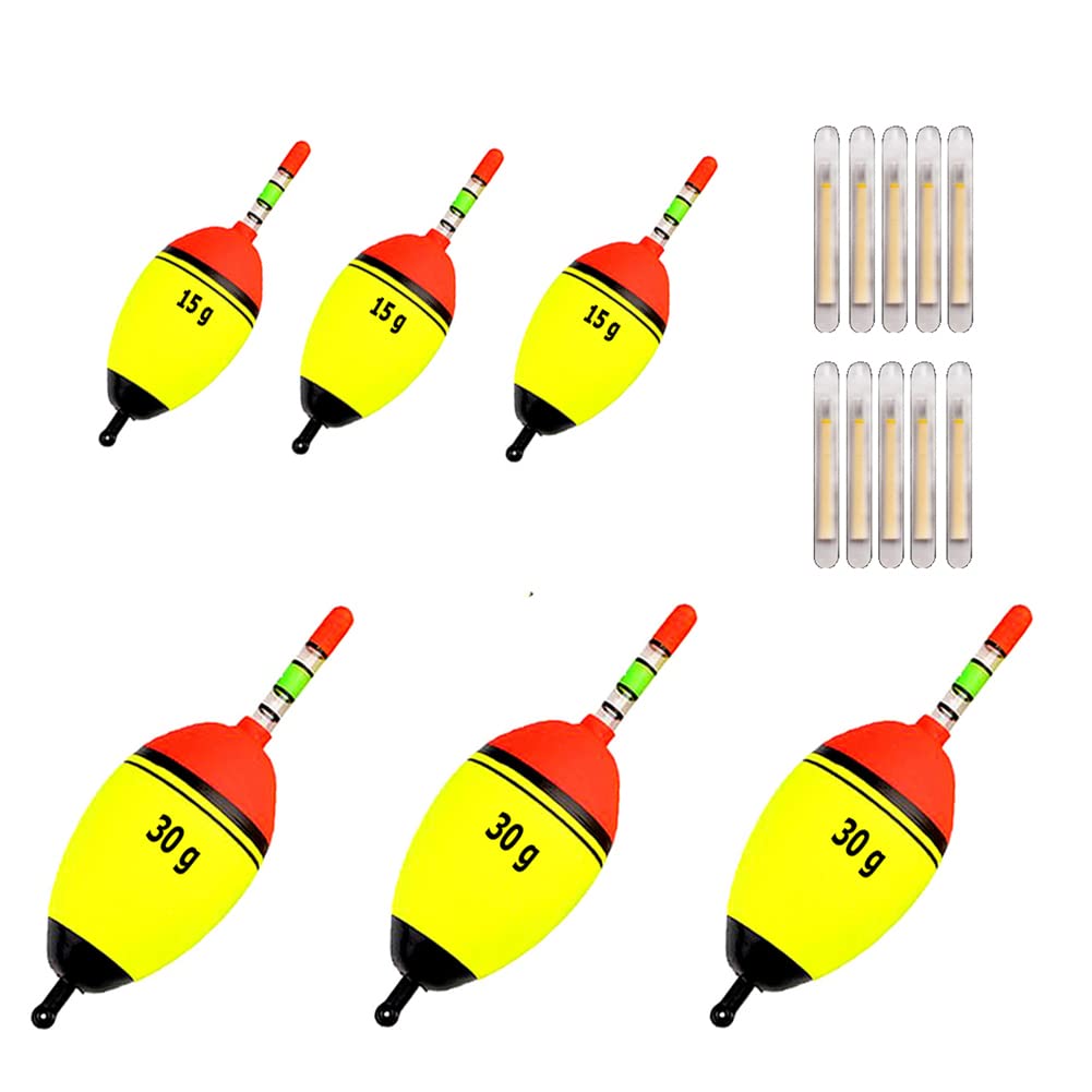 6 Pcs Fishing Floats and Bobbers Come with 10 pcs Glow Sticks Slip Bobbers Glow Bobber Egg Shape Bobber 0.5oz / 1oz