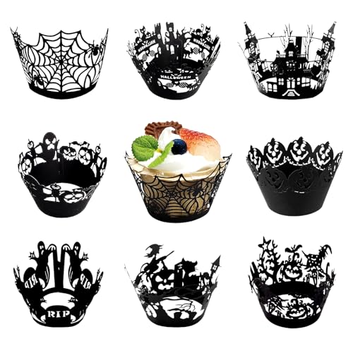 KOBOKO 3D Halloween Cupcake Wrappers,32 Stück Spinnennetz Kuchen Deko Halloween,Fledermäuse Muffins Deko,Hexe Halloween Deko Torte,Muffinförmchen Halloween Party Deko,Spinne Cupcake Toppers Papier