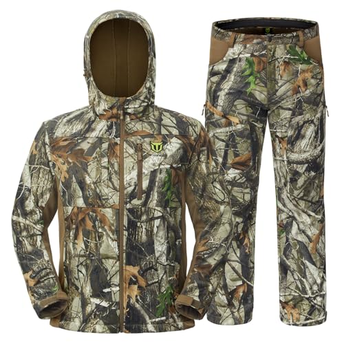 TIDEWE Hunting Clothes for Men with Fleece Lining, Safety Strap Compatible Water Resistant Silent Hunting Jacket and Pants