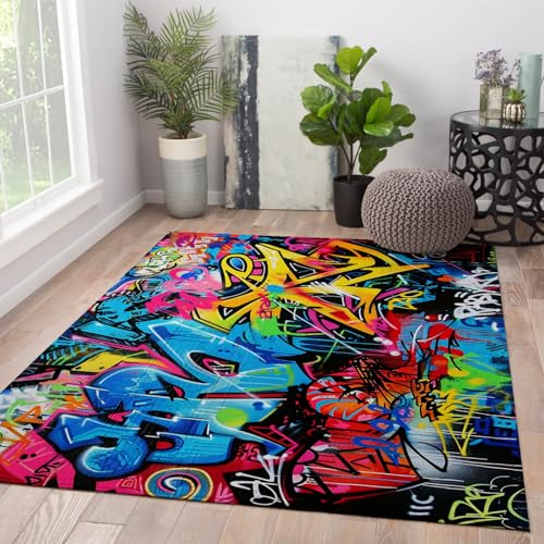 Tapis salon facile à nettoyer grand format design graffiti urbain