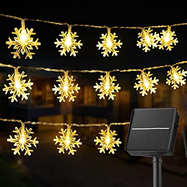 Brightown Solar Christmas Snowflake String Lights 100 LED 39 FT Outdoor Waterproof Fairy Lights with 8 Lighting Modes for Wedding, Party, Tree, Room, Garden, Patio, Yard, Home, Warm White