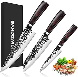 Professional Kitchen Knives Ultra Sharp Chef Knife set,3PCS High Carbon Stainless Steel Japanese Knife Set,SANDEWILY Hand Forged Knives Set for Kitchen with Sheath and Gift Box