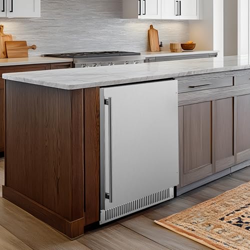 Image of Coolski 24 Inch Outdoor Refrigerator for Patio, 180 Cans Under Counter Beverage Refrigerator Cooler with Stainless Steel Door, Built in or Freestanding for Home Bar Kitchen, ETL, NSF Approved