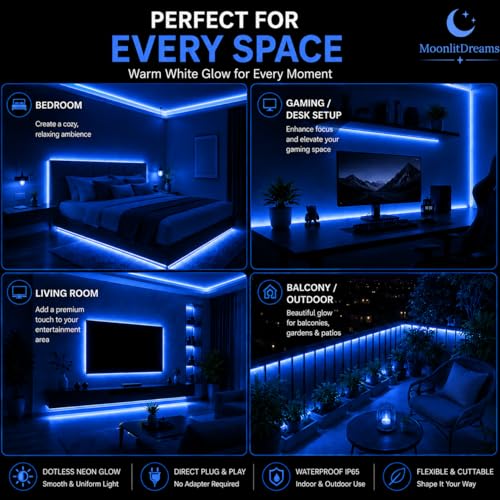 Image of MoonlitDreams 2M Neon LED Strip Light 240 LEDs (120 LED /M) - 10mm Thick, 2X Bright Glow, Direct Plug 220V No Adapter, Waterproof Flexible Rope Light for Home, Bedroom, Room Decor, DIY & Party (Blue)