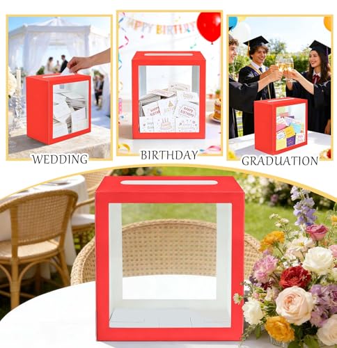 Image of SietDESEO Red Card Box for Party with Clear Window Large Gift Card Box Holder for Wedding Reception Birthday Graduation Baby Shower Raffle Ticket Box