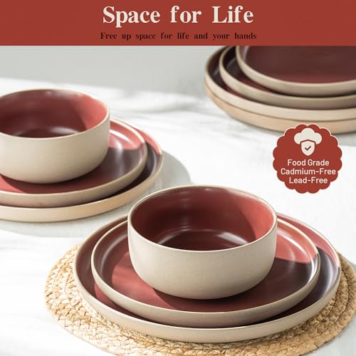 Dafuceramic 12 Pieces Dinnerware Sets,Plates and Bowls Sets,Handmade Reactive Glaze Dishes Set for 4 with at Least 10% Recycled Ceramic and the Raw Texture of the Clay (Angora Red)