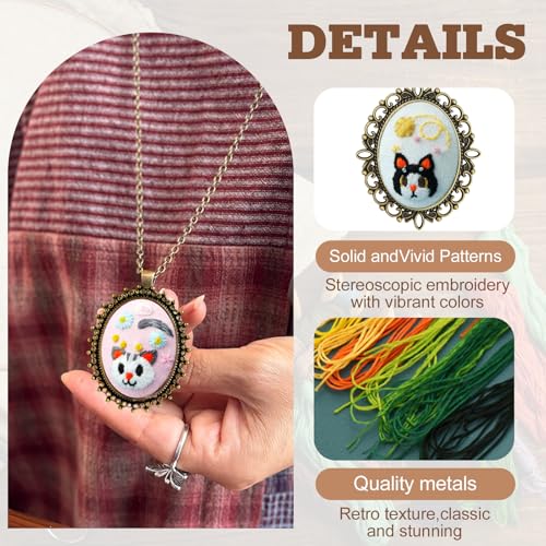 Image of ZOCONE New 4 Packs Embroidery Necklace Kits, Embroidery Pendant Kit Mini Cross Stitch Kit with Hoop, Necklace, Pendant, Stamped Pattern Cloth, Instructions, etc., Embroidery Kits for Adults
