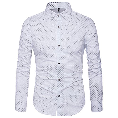 MUSE FATH Menâ€™s Printed Dress Shirt-Cotton Casual Long Sleeve Shirt-Button Down Wedding Dress Shirt-White-S