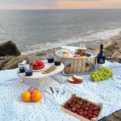 STBoo Picnic Basket for 4, Insulated Wicker Hamper with Folding Table, Willow Picnic Baskets Set with Large Insulated Cooler Bag for Camping Outdoor (Stripe) - Thumbnail 2