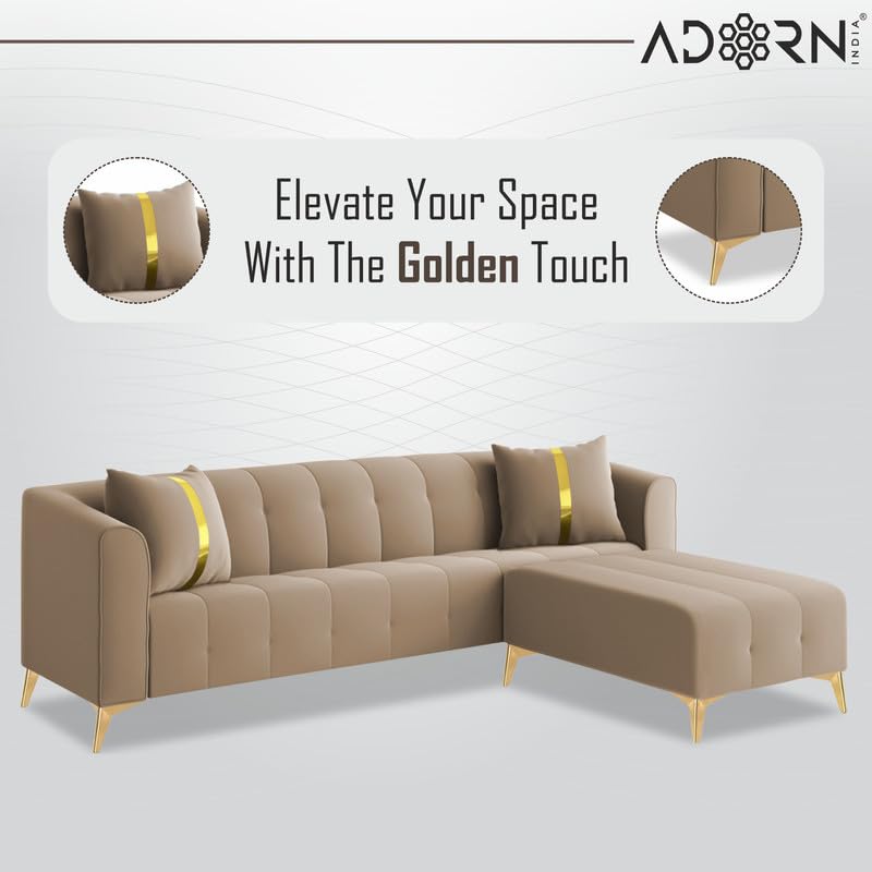 Image of Adorn India Premium Mystic - 3 Years Warranty - L Shape 5 Seater Sofa Set Velvet Suede Fabric - Beige