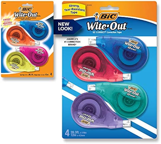 BIC Wite-Out Brand EZ Correct Correction Tape - Applies Dry, White, Clean & Easy To Use, Tear-Resistant Tape, 4-Count, Dispenser colors may vary