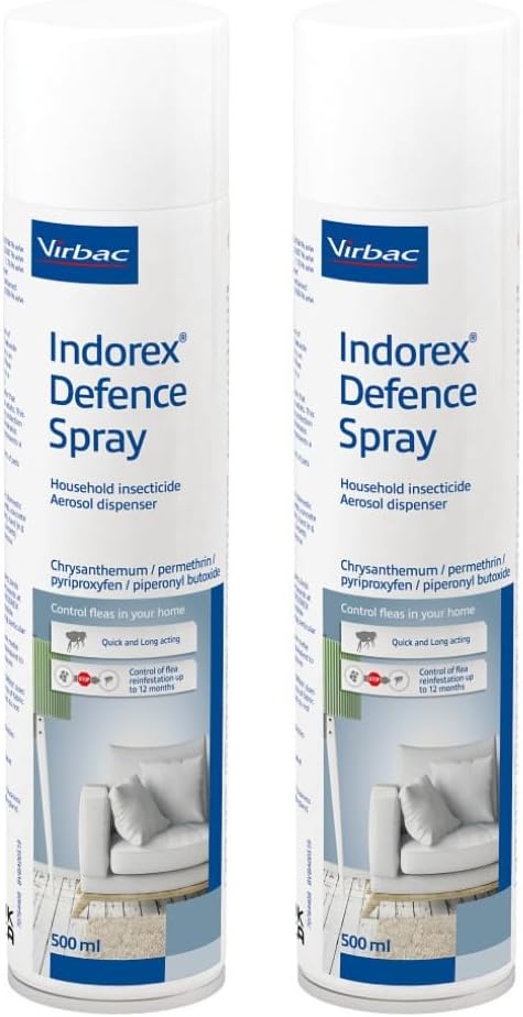 Virbac Indorex Defence Flea Spray for the Home – Long-Lasting 12-Month Protection Against Fleas and Dust Mites – 2 x 500ml Can