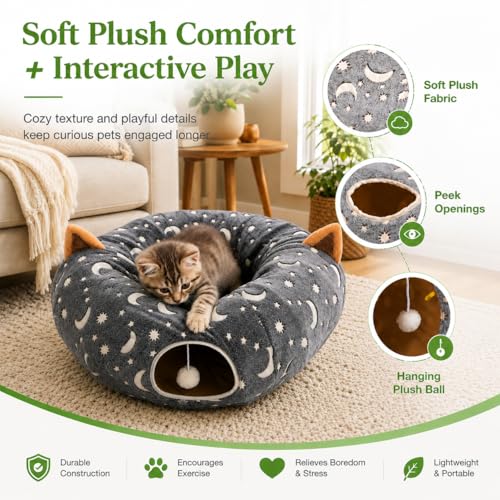 Image of Cat Tunnel Bed Under Christmas Tree with Plush Ball Toy Playground Crinkle Collapsible Self-Luminous Flannel Fabric 3FT for Large Cats Kittens Kitty Small Animals Puppy Grey Moon Star
