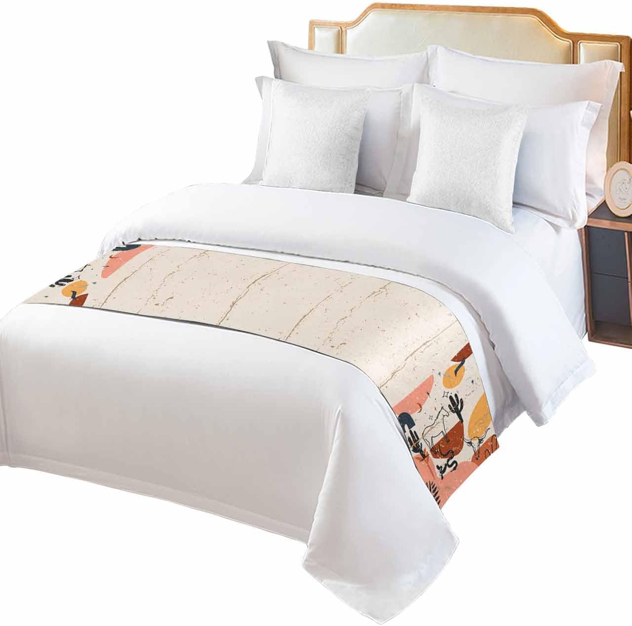 Smile Sunflower Boho Bed Runner Scarf Bohemian Cowboy Desert Cactus Guitar Bedding Scarf Decorative Bed Runners Cover for Home Bedroom Hotel Wedding Room Bed Scarf for Foot of Bed King 102x20in