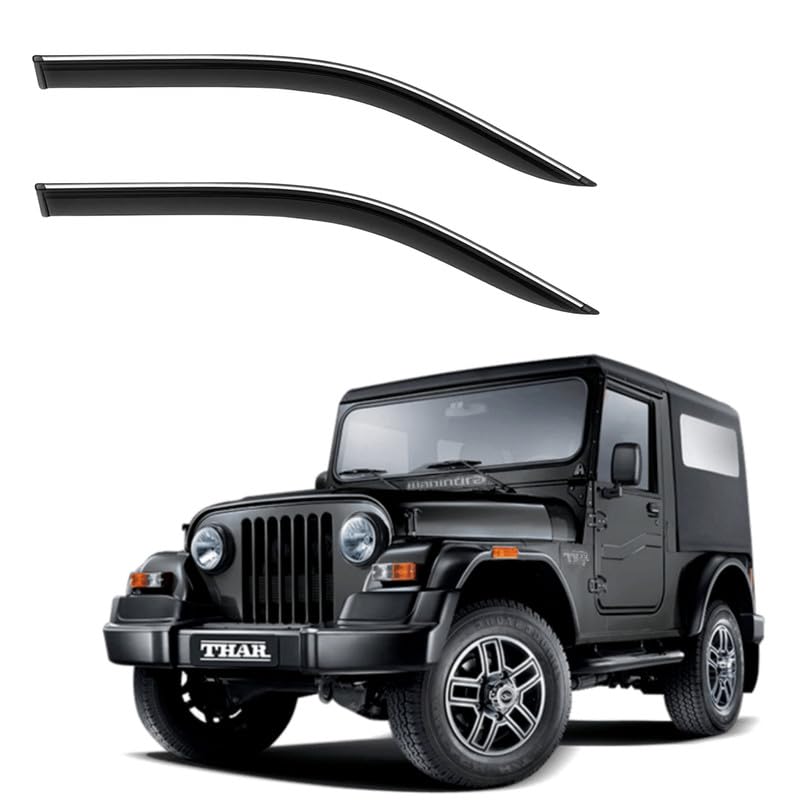 Image of CAR SAAZ Side Door Visors for Thar Type 1(2010-2019)(Set of 2Pcs)|Chrome Lined Rain Guards, Polycarbonate, Smoke Finish