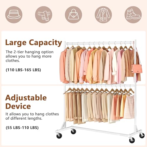 Image of Hoctieon Double Rod Z Rack, Rolling Clothes Racks with Z-Base, Adjustable Clothing Rack, Standing Clothes Rack, Metal Clothing Racks for Hanging Clothes, Portable Garment Rack, White
